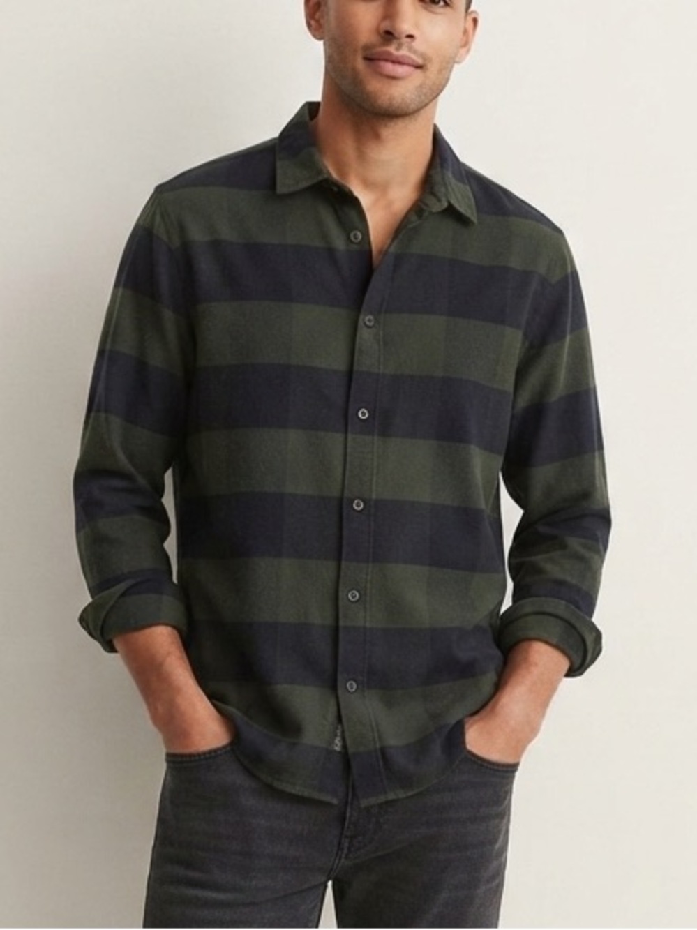 COS Sx XL Checker Plaid Green Navy Button Down Flannel Shirt